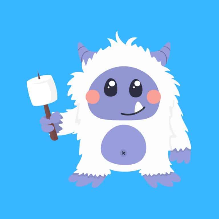 Cartoon graphic of a Yeti holding a marshmallow on a stick on a blue background.