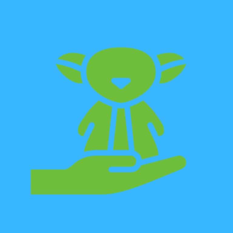 Cartoon graphic of a baby Yoda on a hand on a blue background.