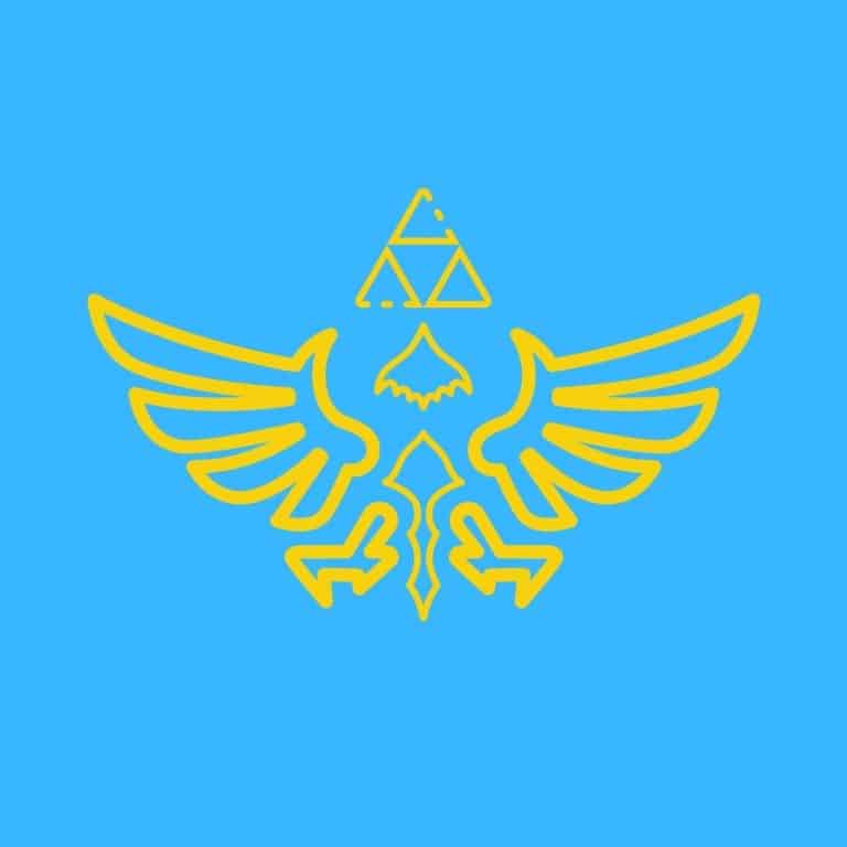 Cartoon graphic of a golden Zelda symbol on a blue background.