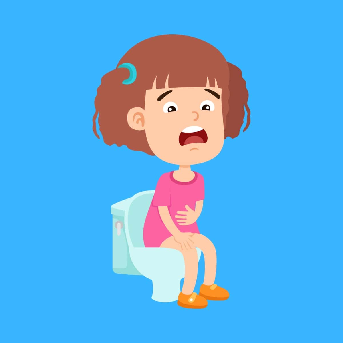 Cartoon graphic of a girl looking scared while doing diarrhea on a toilet on a blue background.