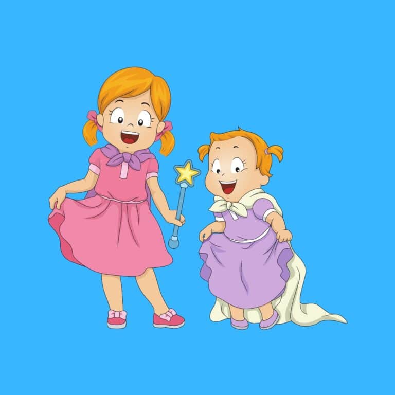 Cartoon graphic of two young sisters dressed up and smiling on a blue background.