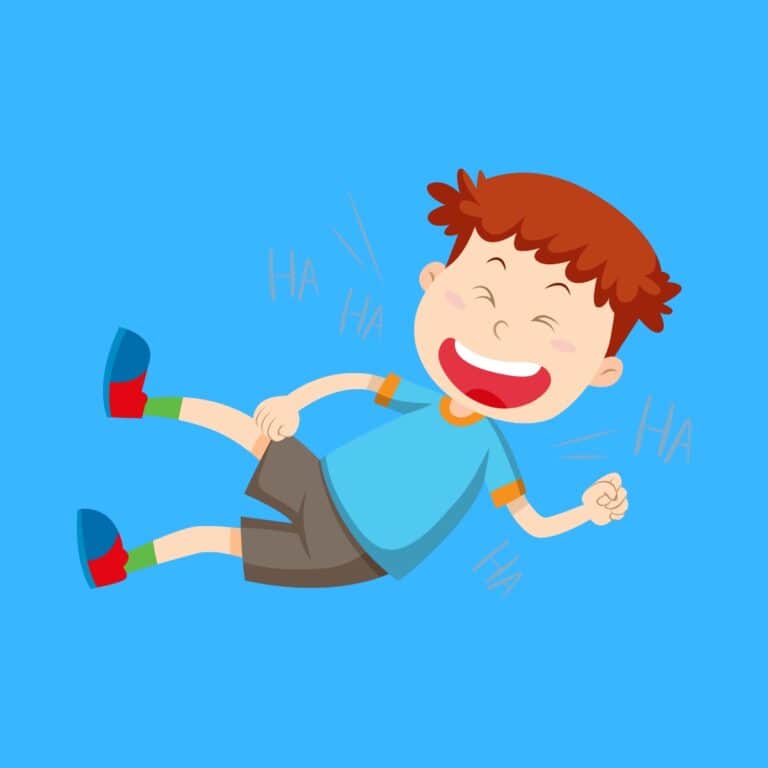 Cartoon graphic of a boy laughing at funny jokes while lying on the ground on a blue background.