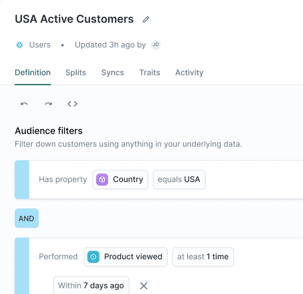 Hightouch Audience builder named 'USA Active Customers' with filters selecting users with their country equal to 'USA' and had viewed a product greater than $50 within 7 days.