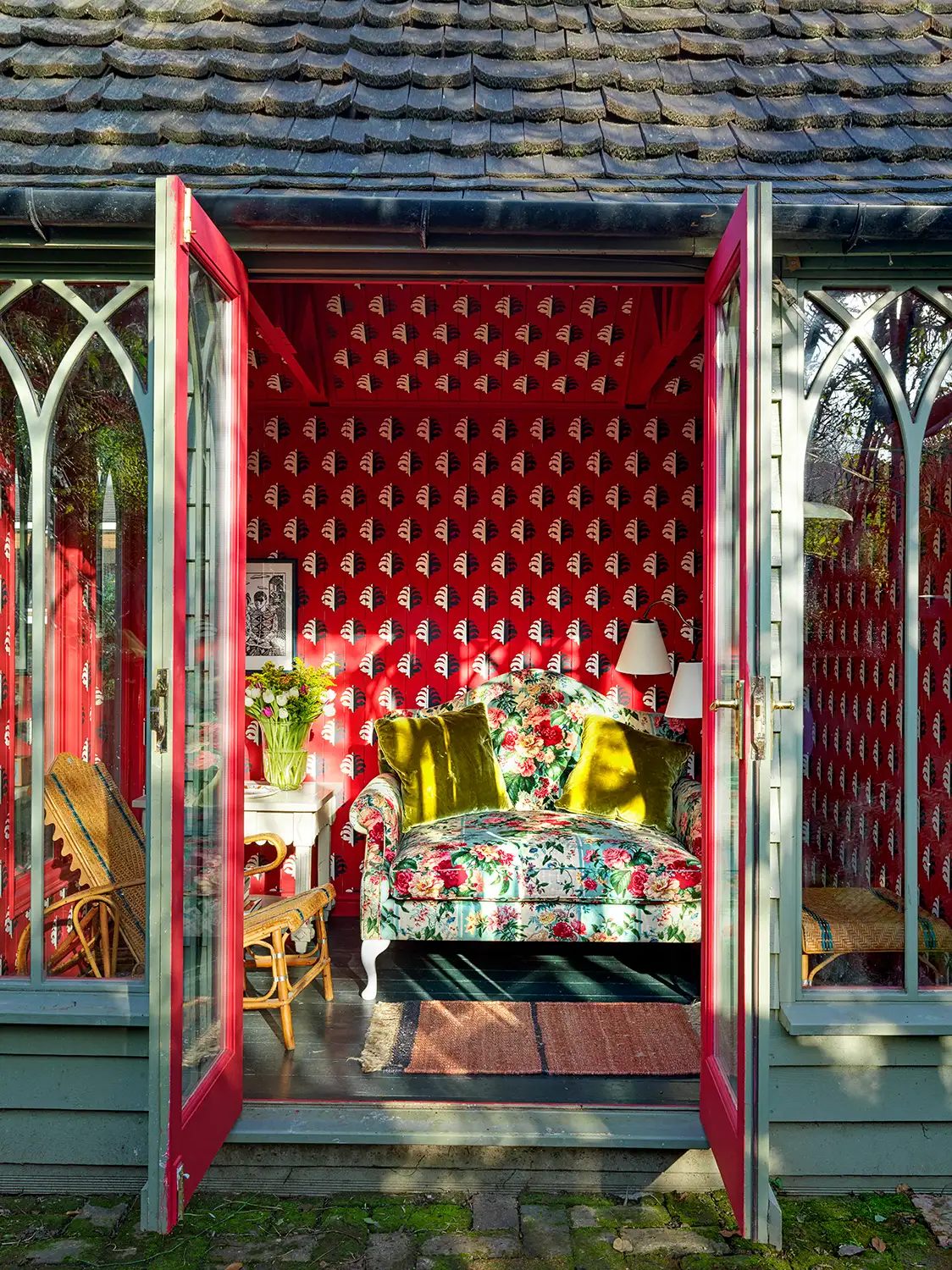 A colorful and cozy small outdoor shed