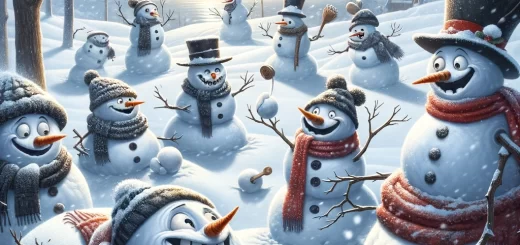 A whimsical winter scene depicting snowmen with exaggerated joyful expressions, engaging in comedic activities such as throwing snowballs and wearing funny hats, under the title "Snow Jokes That Guarantee a Blizzard of Giggles!"