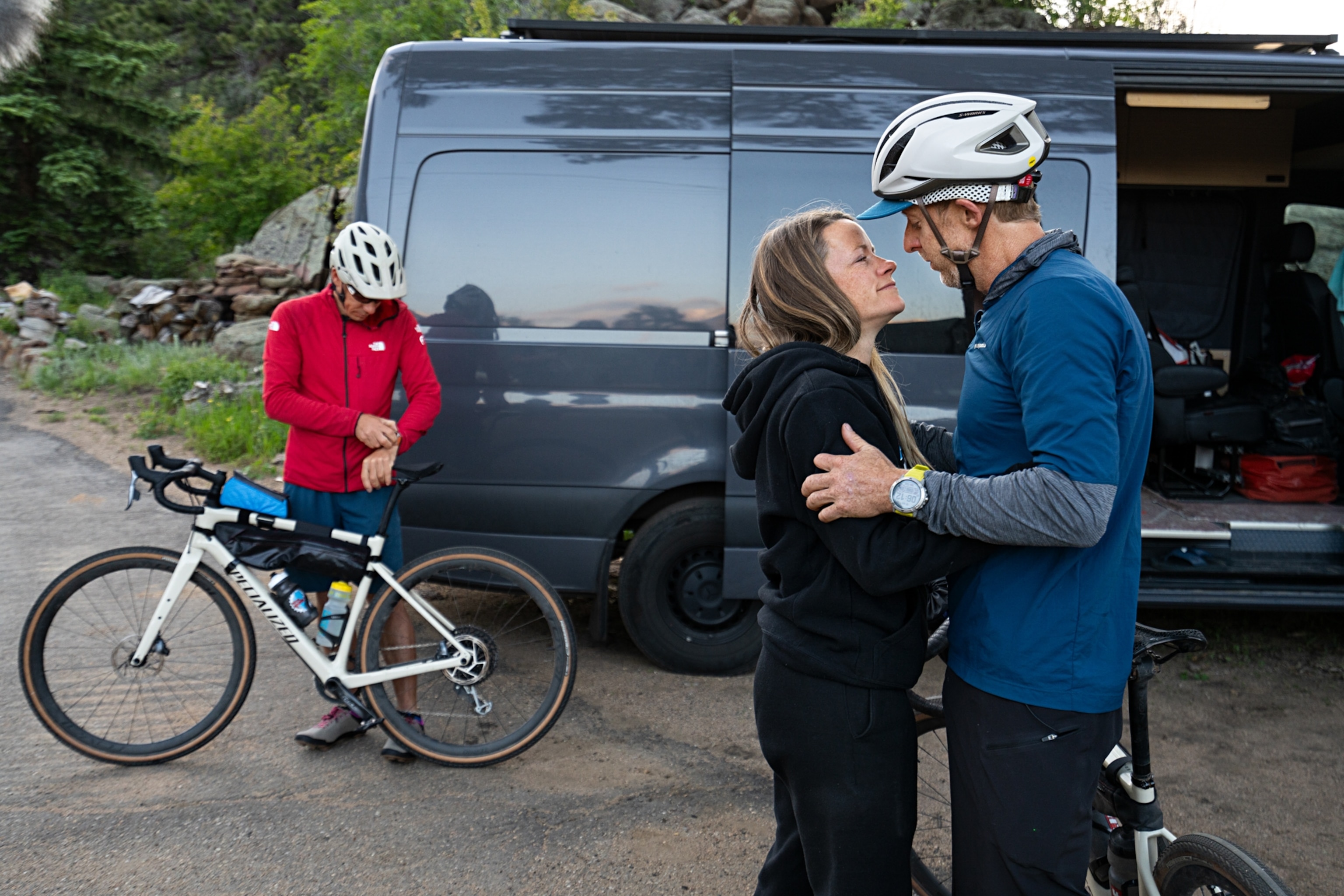 Tommy and Becca Caldwell bid farewell as Alex Honnold sets his watch at left