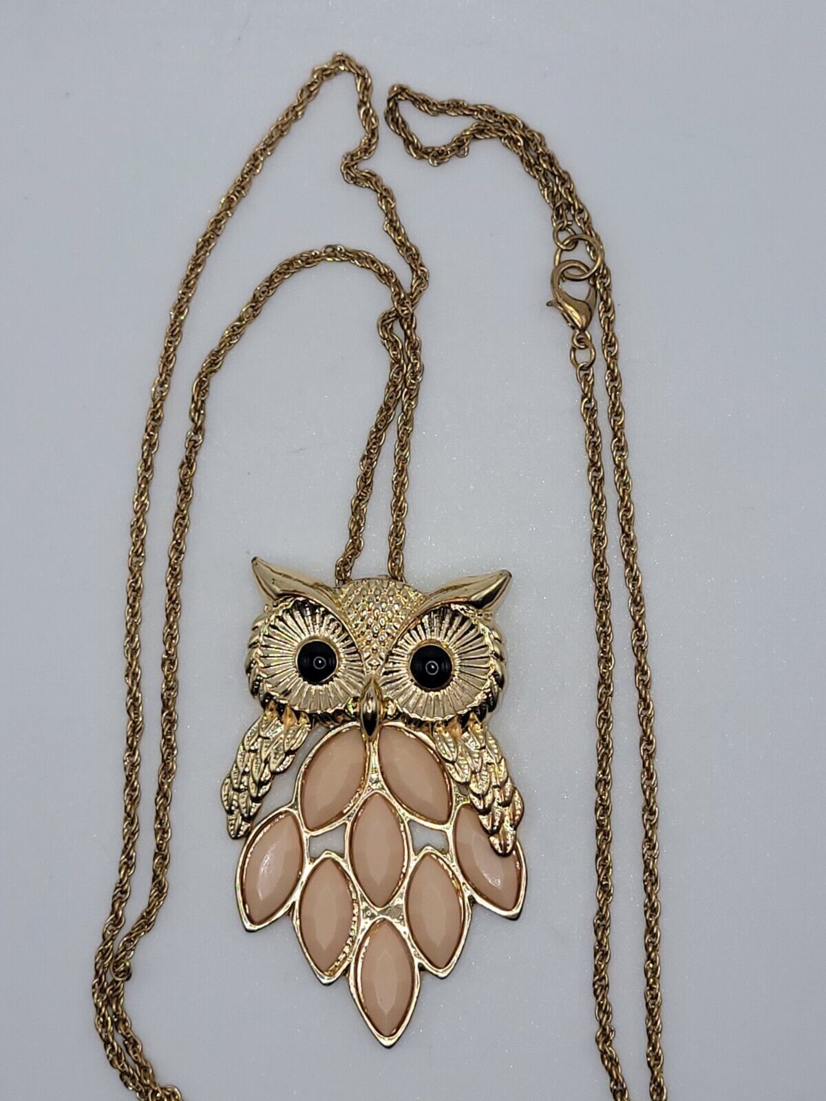 Wise Owl Pendant Necklace Articulated Oval Beaded… - image 1