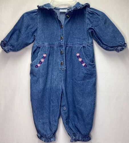 Vtg CUDDLE BEAR Denim Romper Embroidered Flowers … - image 1