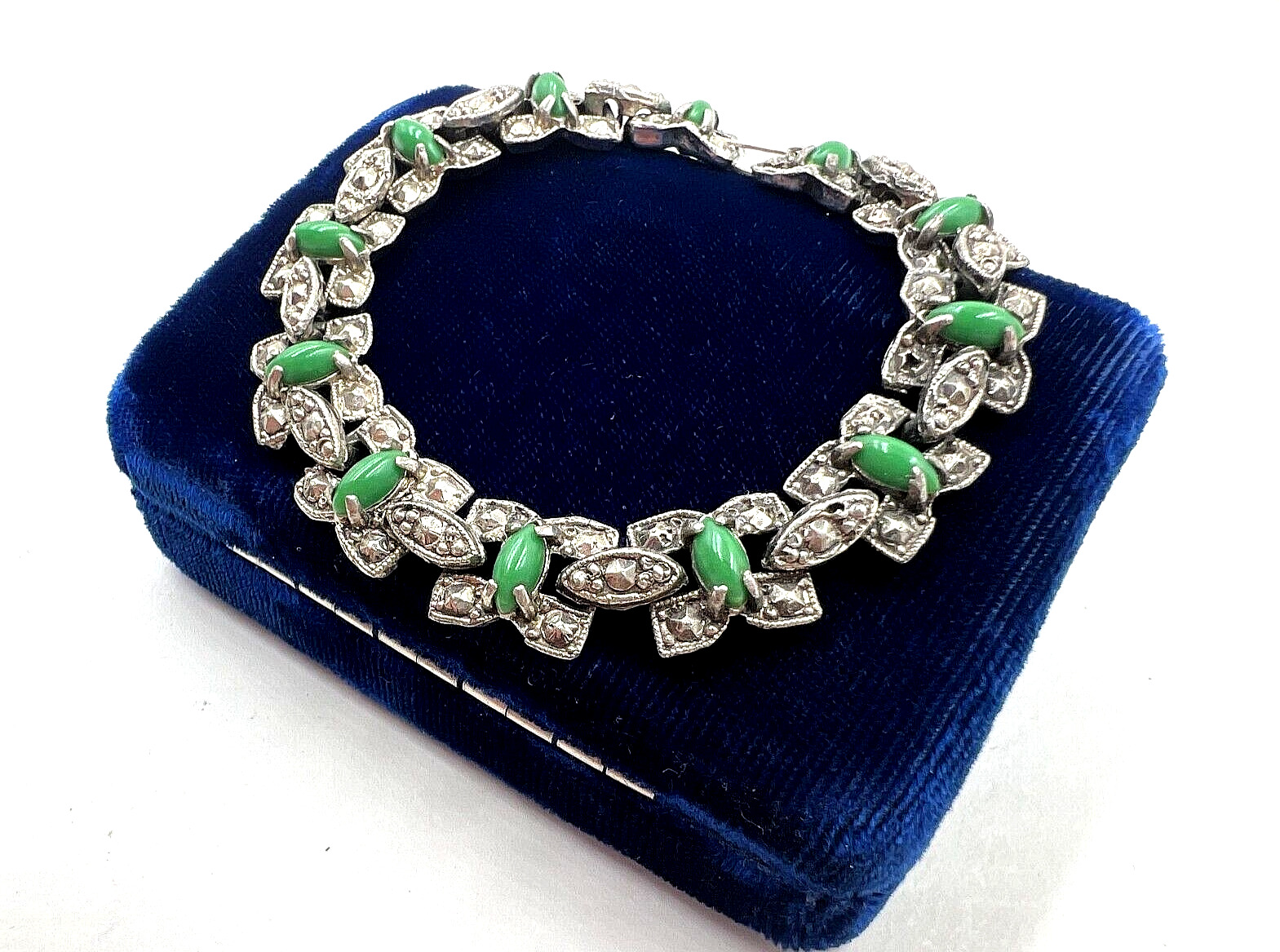 ANTIQUE ART DECO BRACELET GREEN JADE GLASS CABOCH… - image 11