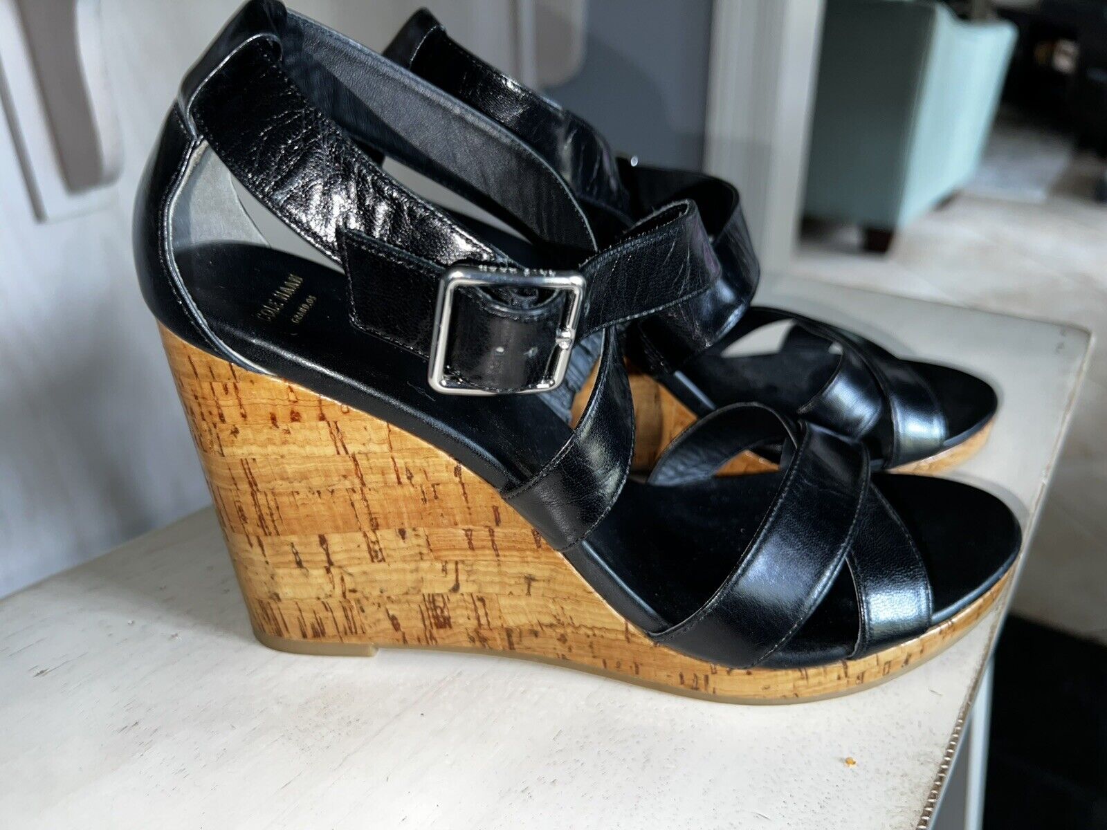 Cole Haan Black Leather Strappy Wedge Size 9B - image 1