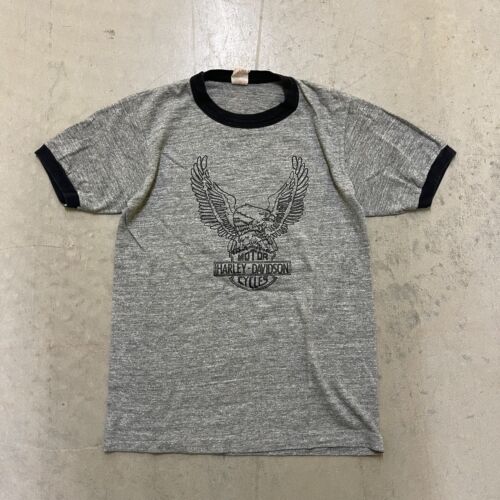 VTG 1970s Harley Davidson Ringer Shirt Grey Black… - image 1