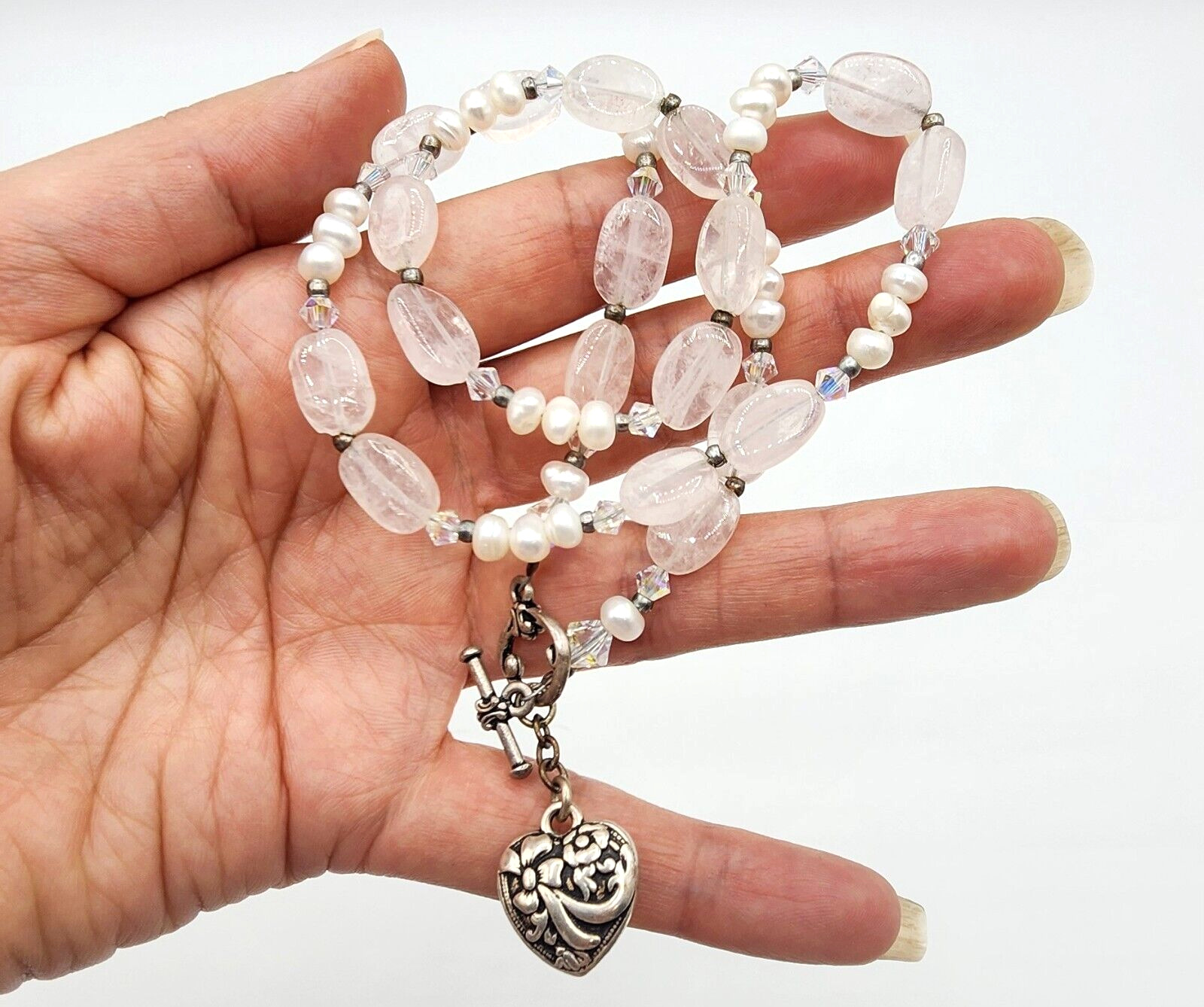 Vtg? Rose Quartz Freshwater Pearls Sterling Silve… - image 5