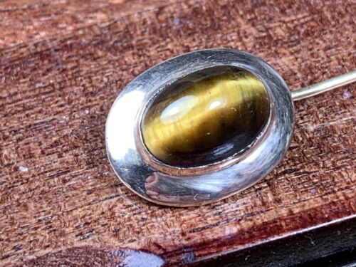 ANTIQUE 14K SOLID GOLD TIGER’S EYE CAMEO STICK PI… - image 1