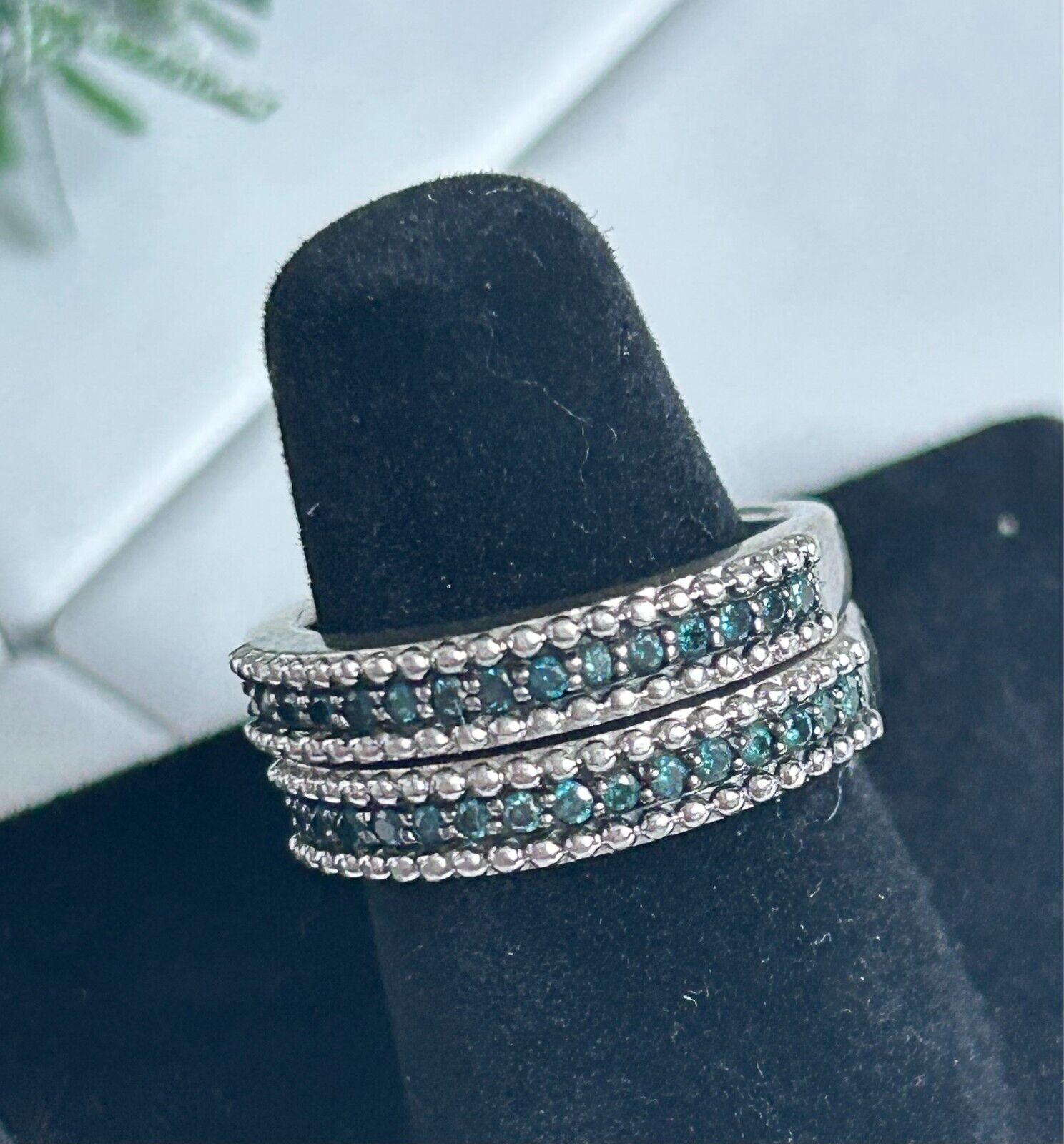 925 Sterling Silver Blue Diamond Stackable Bands … - image 1