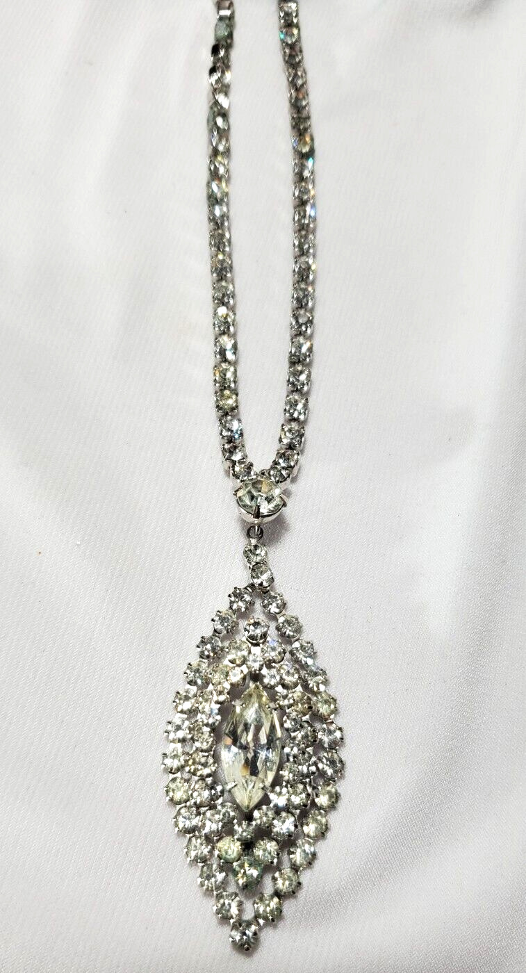 Vintage Silver Rhinestone Pendant Necklace 17" - image 3