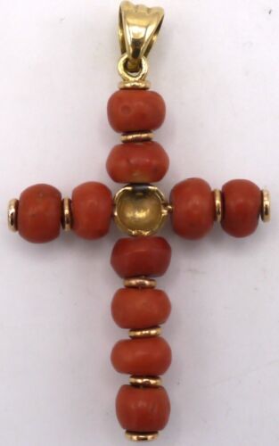 (5001)Coral, 18k Gold Cross Pendent