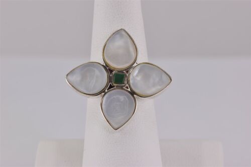 Sterling Silver Mother of Pearl Green Jade Flower… - image 1