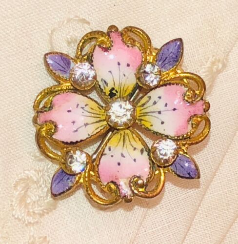 Antique Victorian Flower Brooch Enamel Pink Gold G