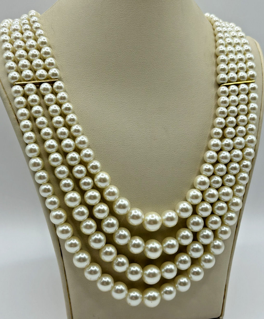 Vintage Four Strand Faux Pearl Statement Necklace - image 3