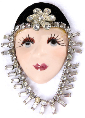 Flapper Girl Porcelain Mask Rhinestone Brooch Pin 