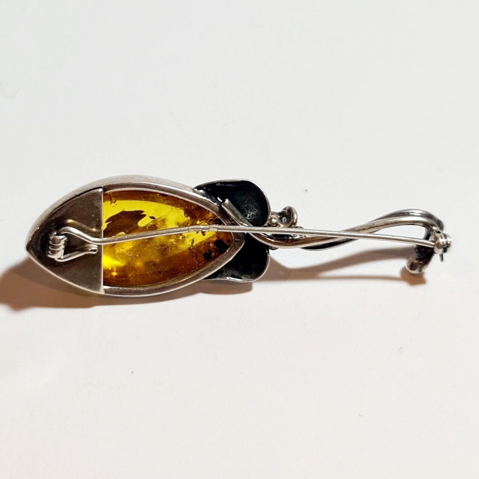 Vintage Sterling Silver Brooch with Baltic Amber … - image 9