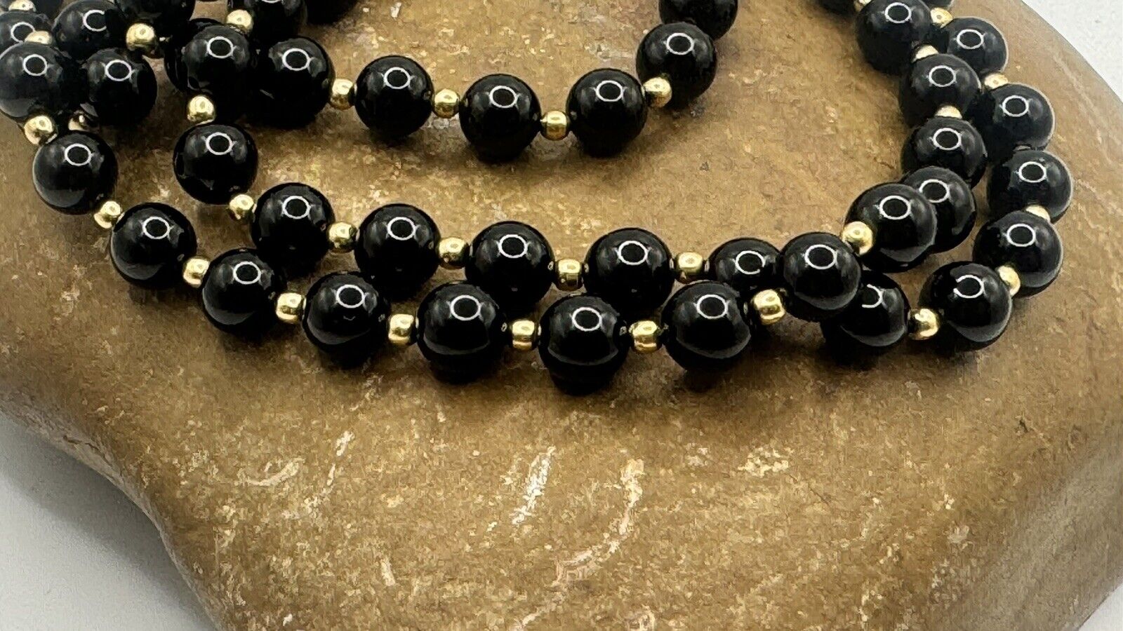 Vintage Black Onyx Bead with 14k Yellow Gold Long… - image 5