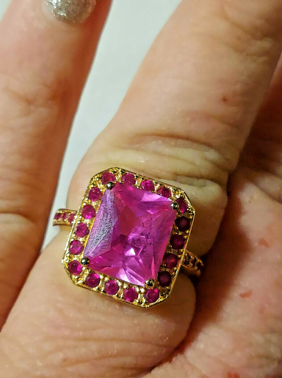 SZ 10* HSN  PINK SAPPHIRE CZ HALO RING EMERALD CU… - image 1