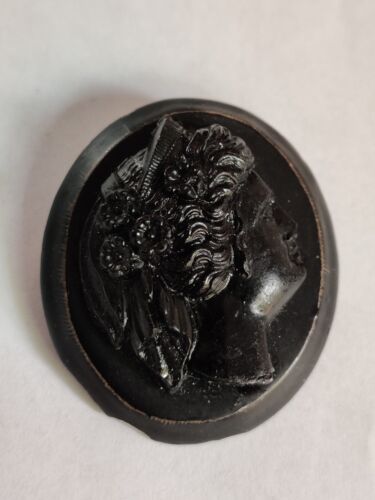 Antique Victorian Whitby Jet Bog Oak Cameo Brooch 