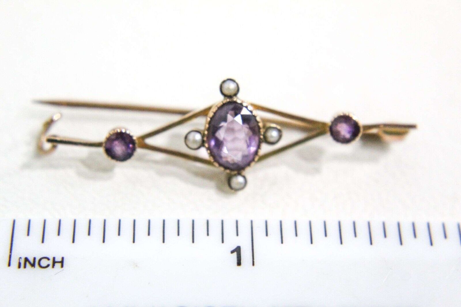 Antique Pin 9K Rose Gold Amethyst Seed Pearls - image 2