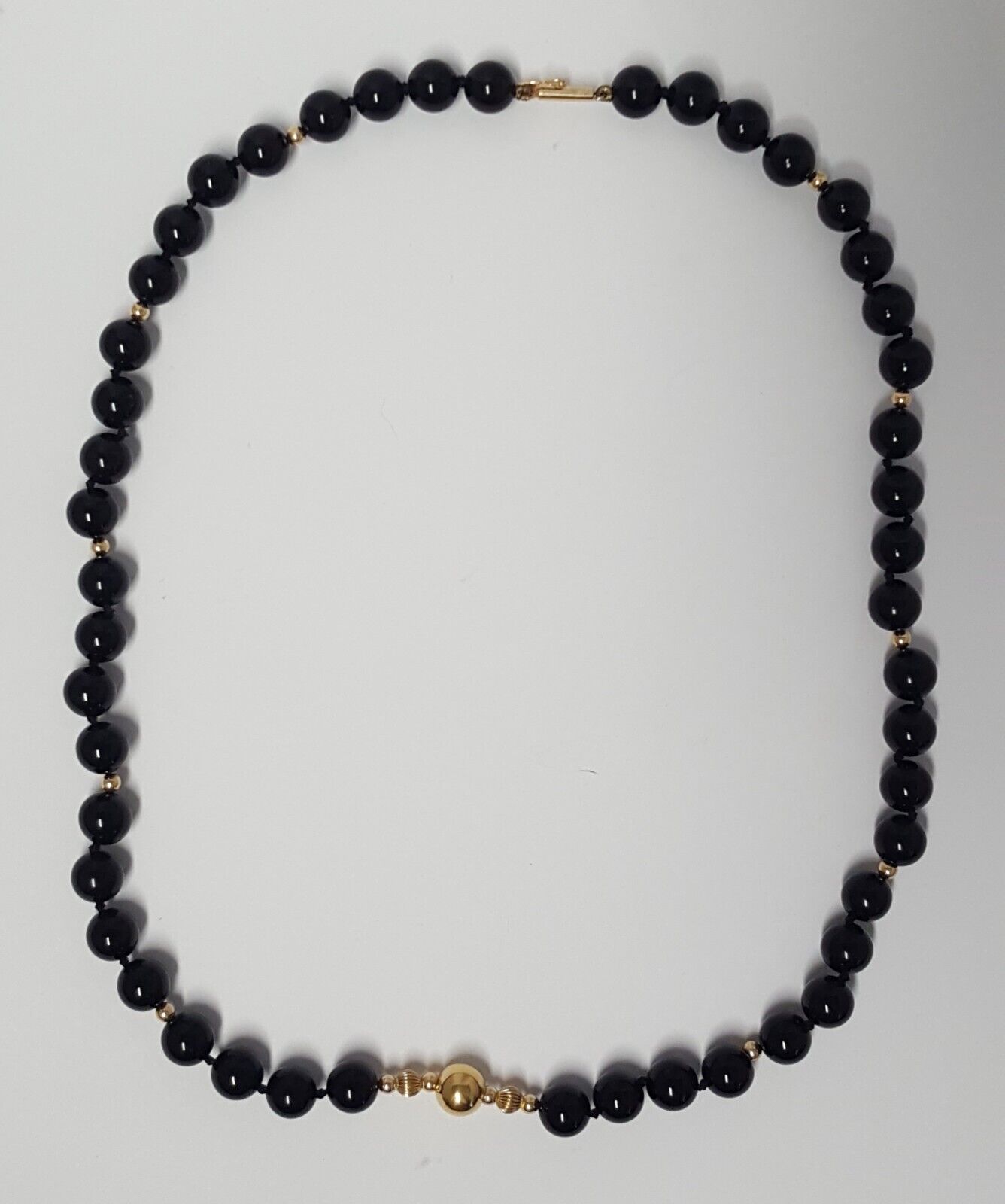 14K Gold Station Black Onyx 8mm Bead Necklace Han… - image 3