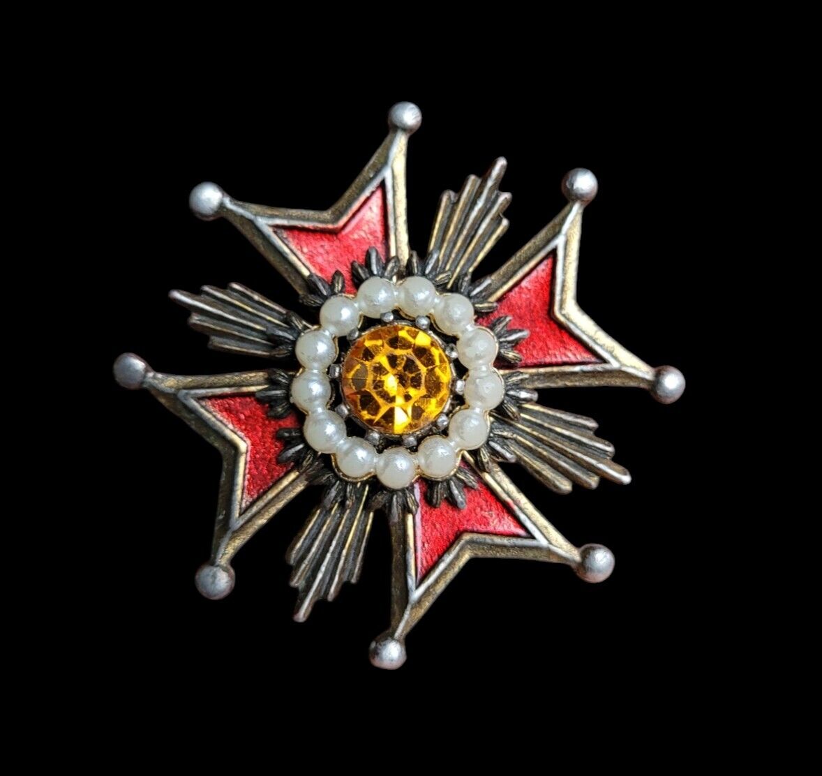 Vintage Weiss Maltese Cross Brooch Red Enamel, Fa… - image 1