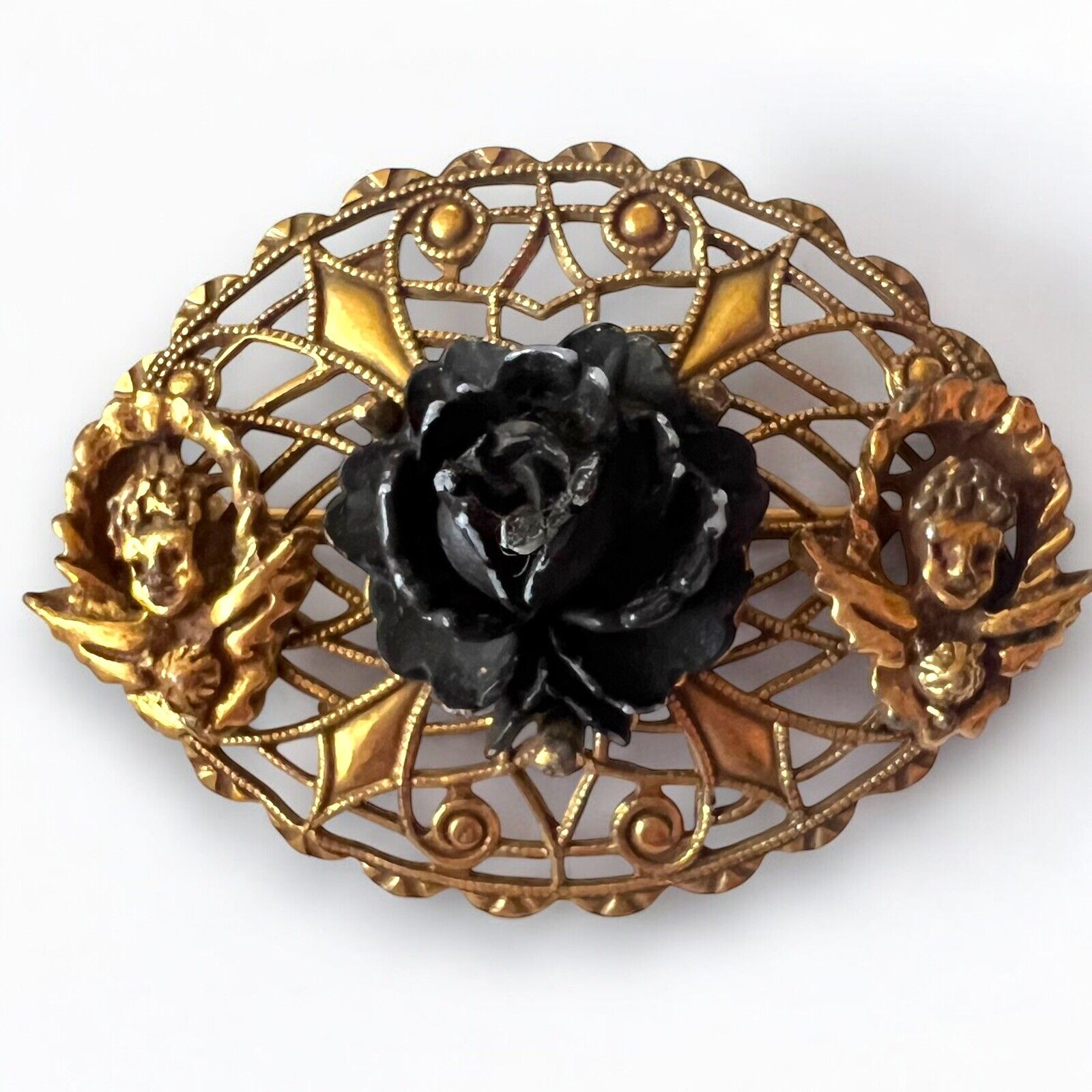 Carved Celluloid Rose Brooch Black Gold Tone Fili… - image 7