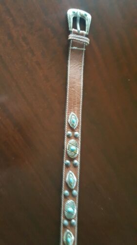 Brown Leather Belt w/13 Medallions w/Turquoise Ins