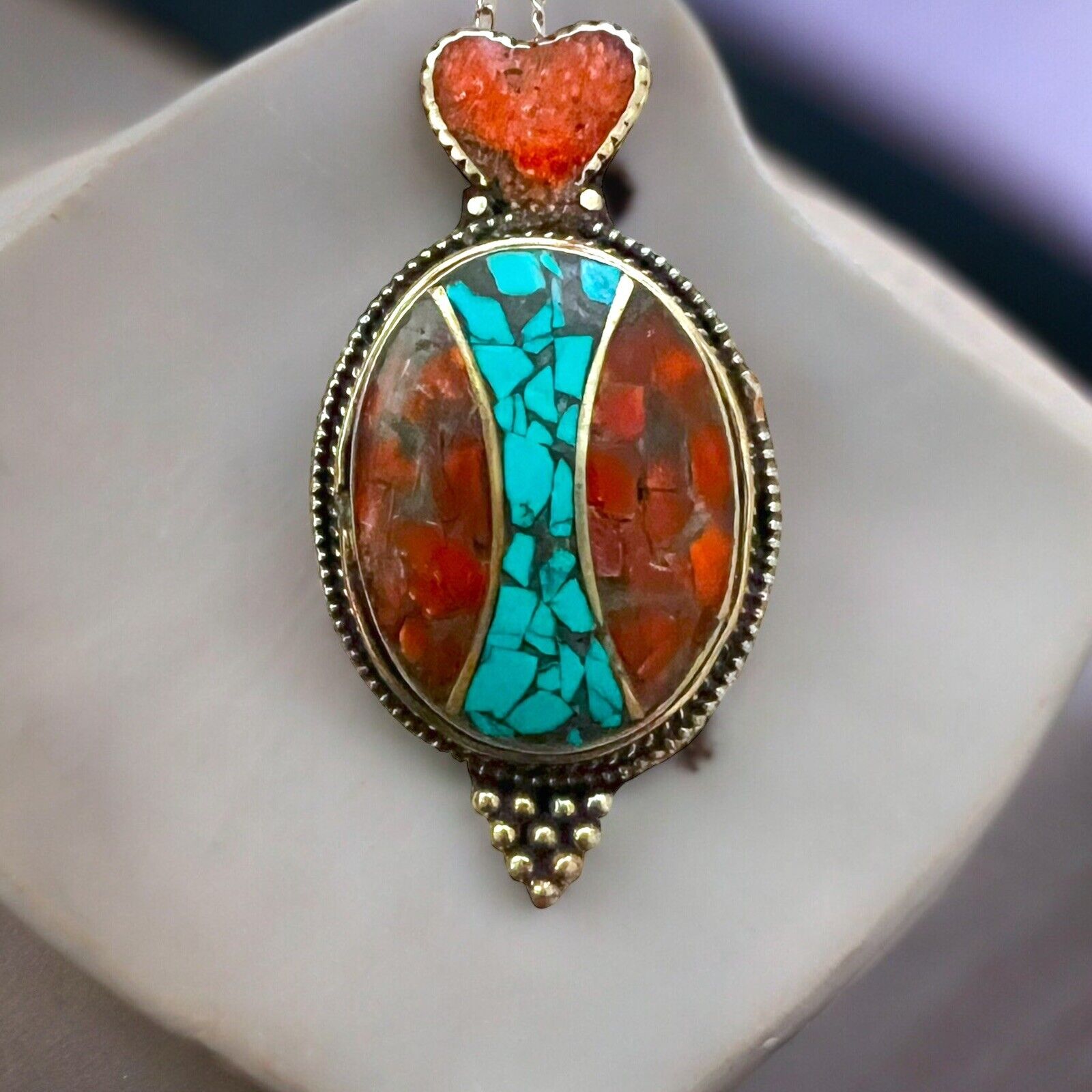 Sterling Silver Tibetan Turquoise & Coral 2 3/8” … - image 1