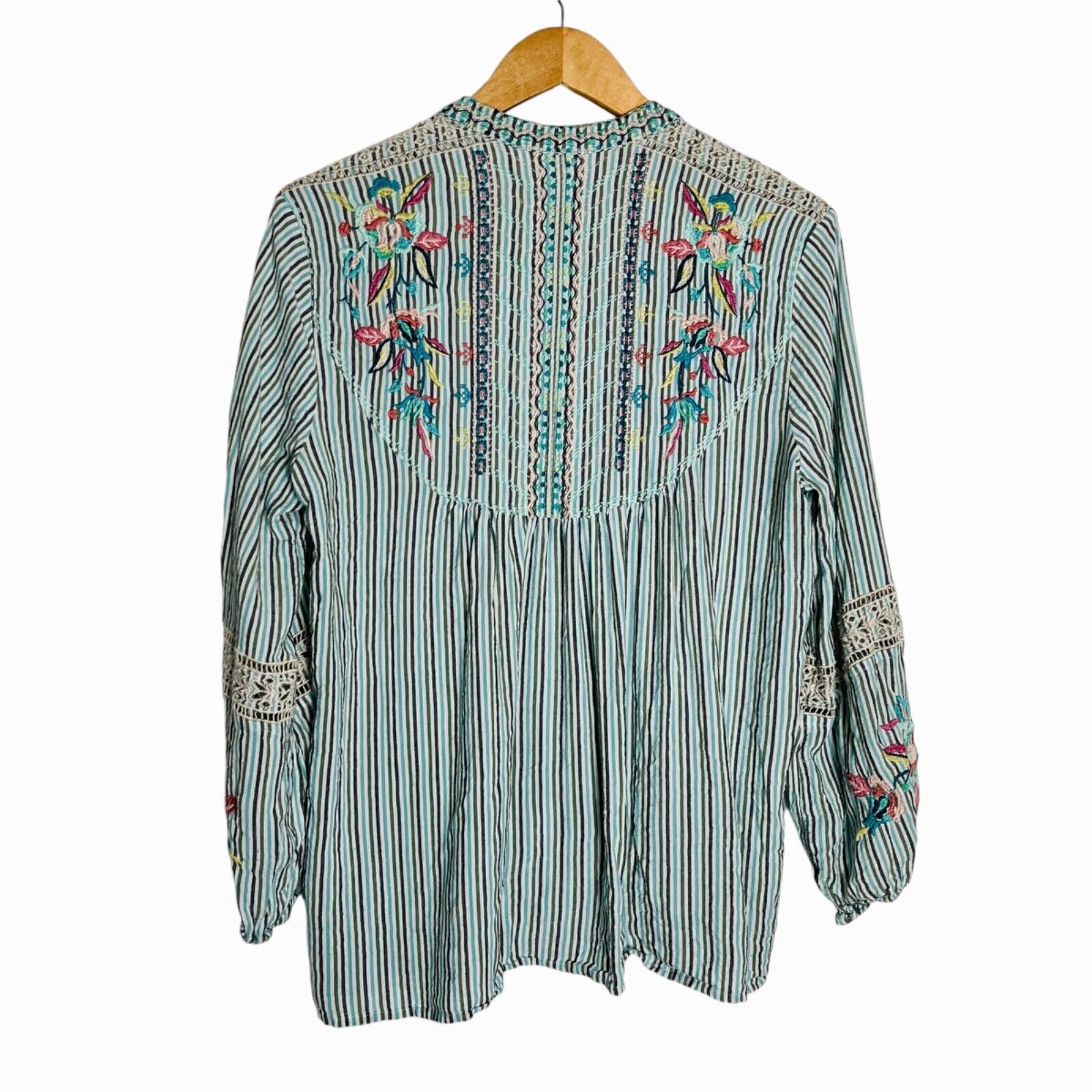 Johnny Was Striped Embroidered Floral Blouse Turq… - image 2