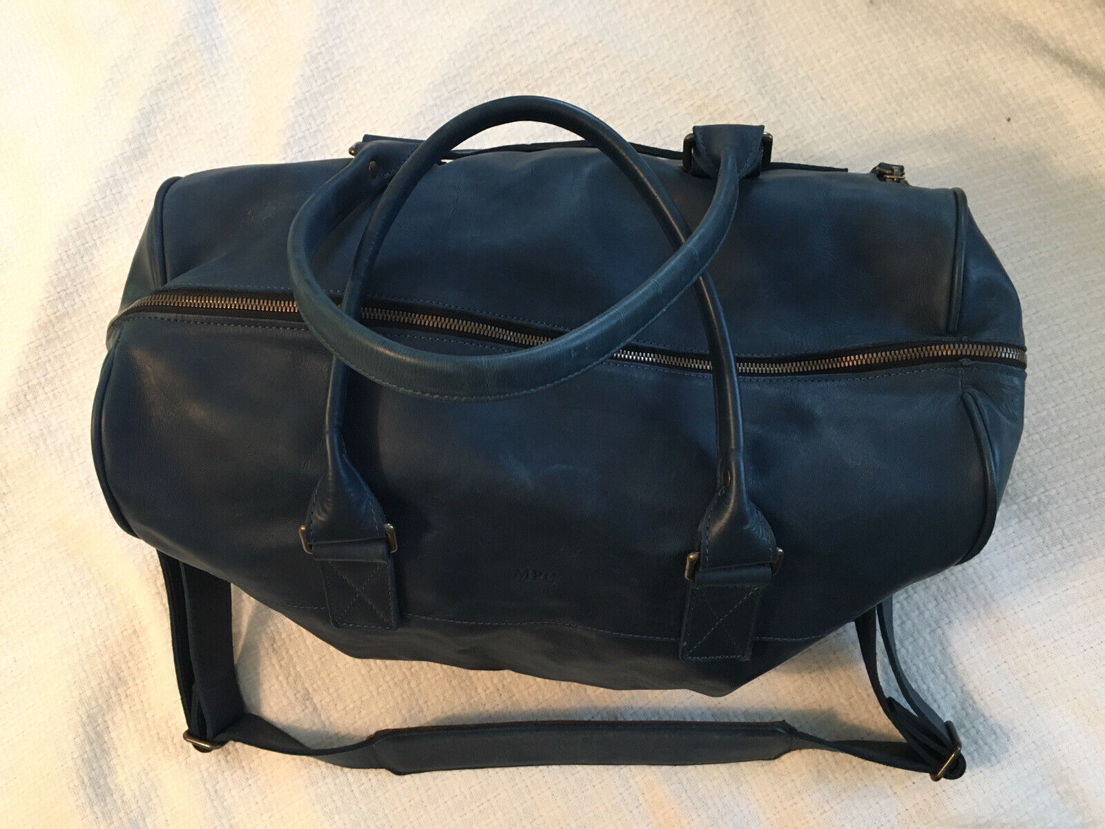 MOORE & GILES Blue Leather BOOKER CABIN Duffel Ov… - image 6