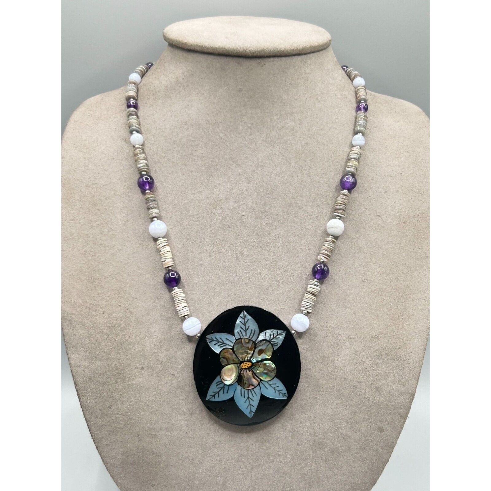 Vintage Flower Necklace Shell Inlay and Semi Prec… - image 3