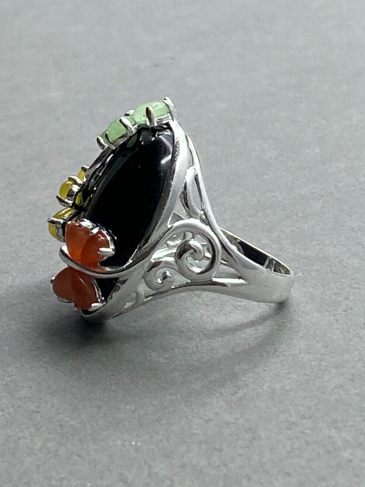 925 Sterling Silver Ring Onyx Cabochon w/ Jade (?… - image 10