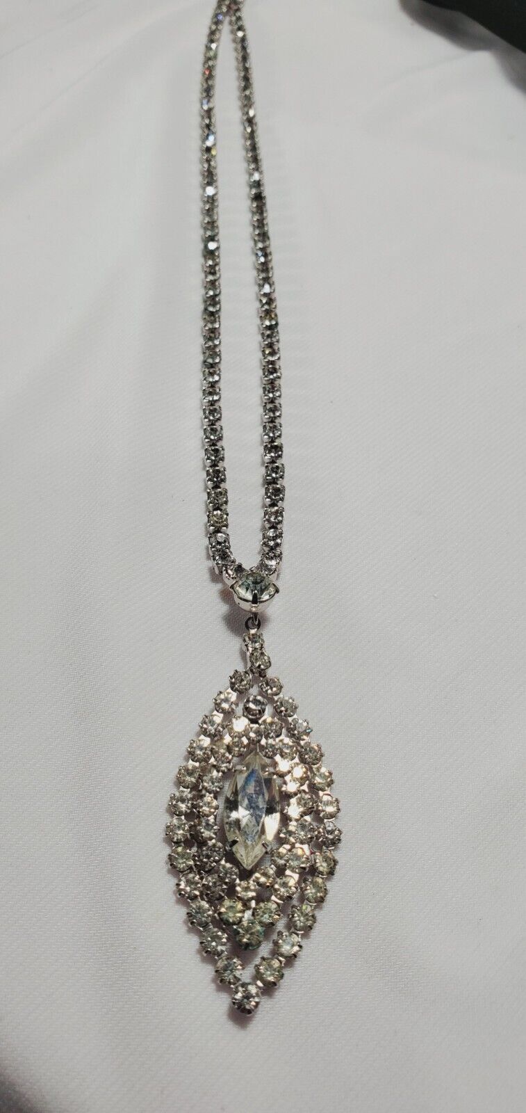 Vintage Silver Rhinestone Pendant Necklace 17" - image 10