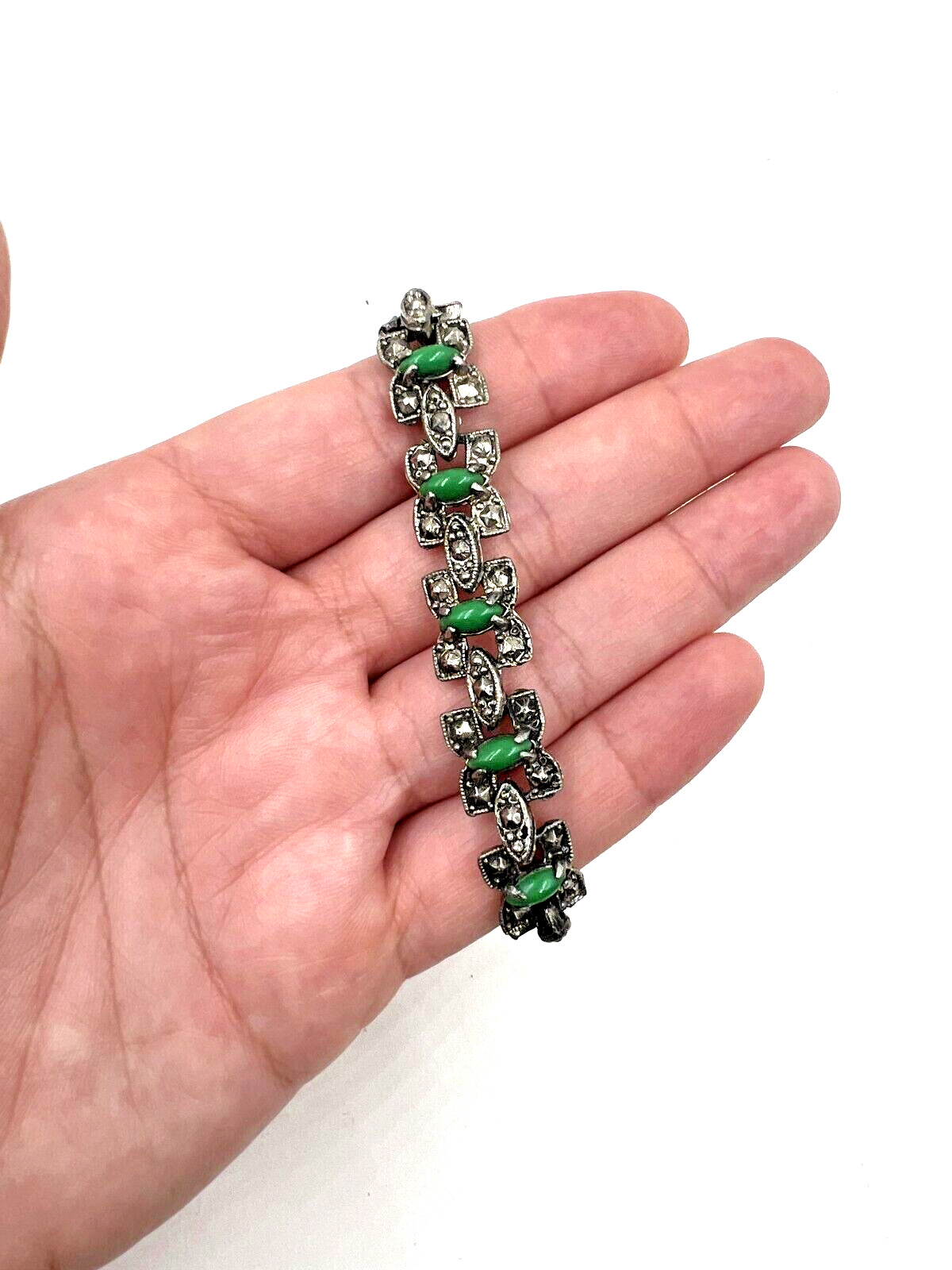 ANTIQUE ART DECO BRACELET GREEN JADE GLASS CABOCH… - image 15