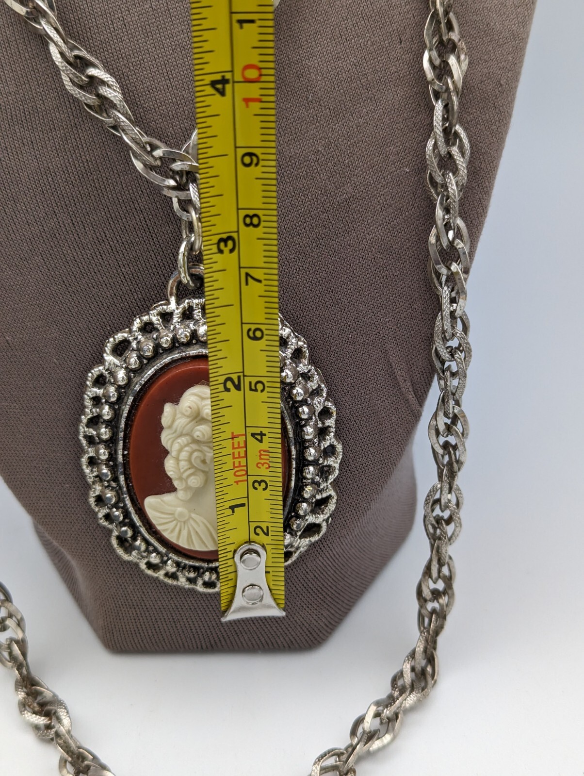 Vintage Cameo Large Chain Silver Tone Necklace - image 10