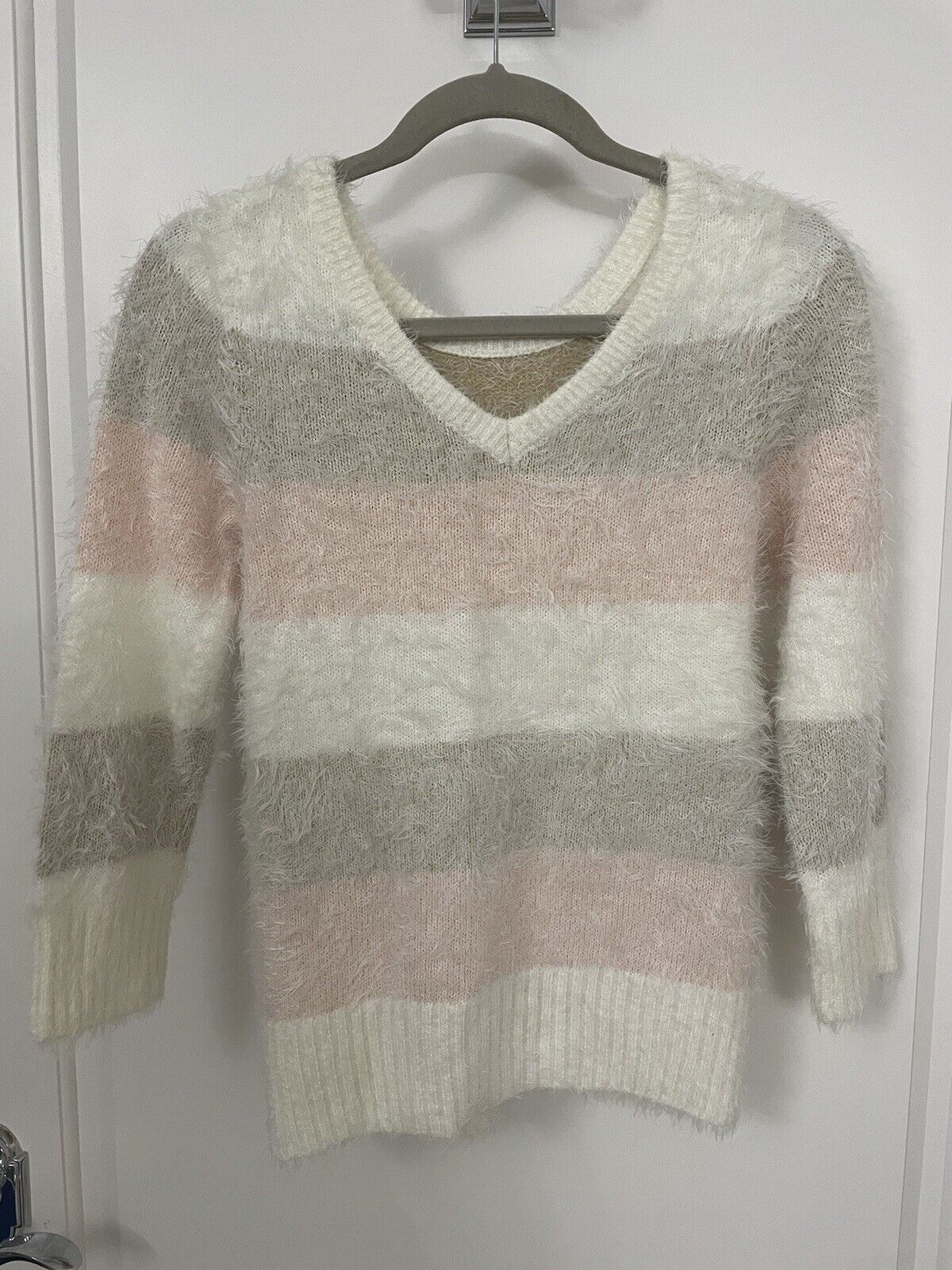 Delia’s Woman’s fuzzy Sweater Size Small White/pi… - image 1