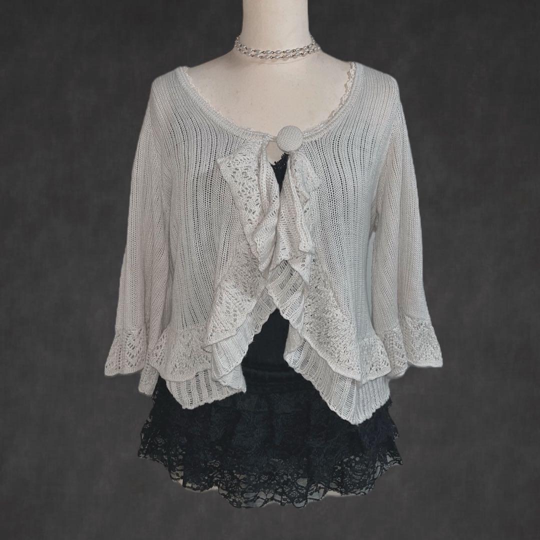 Y2K White Ruffle Knit Cardigan Bolero, Size M, Gr… - image 1