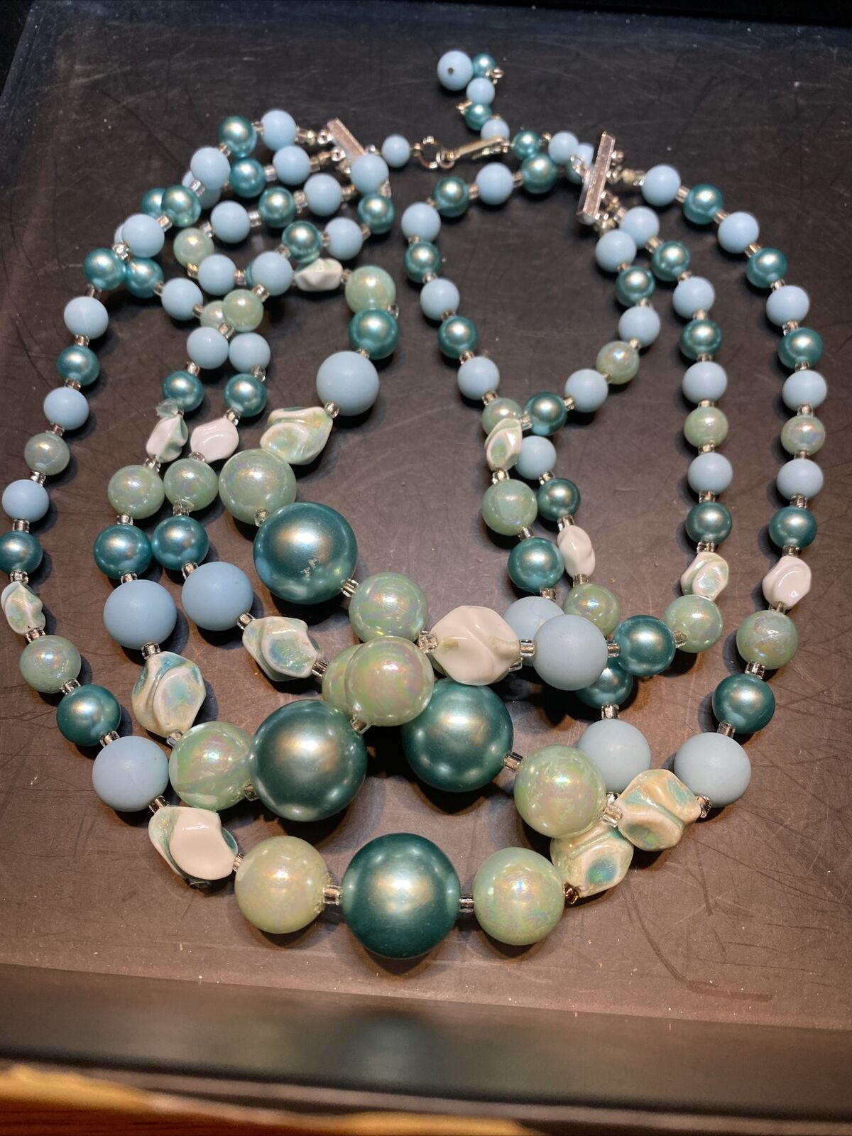 Vintage Faux pearl four strand necklace aqua Turq… - image 3