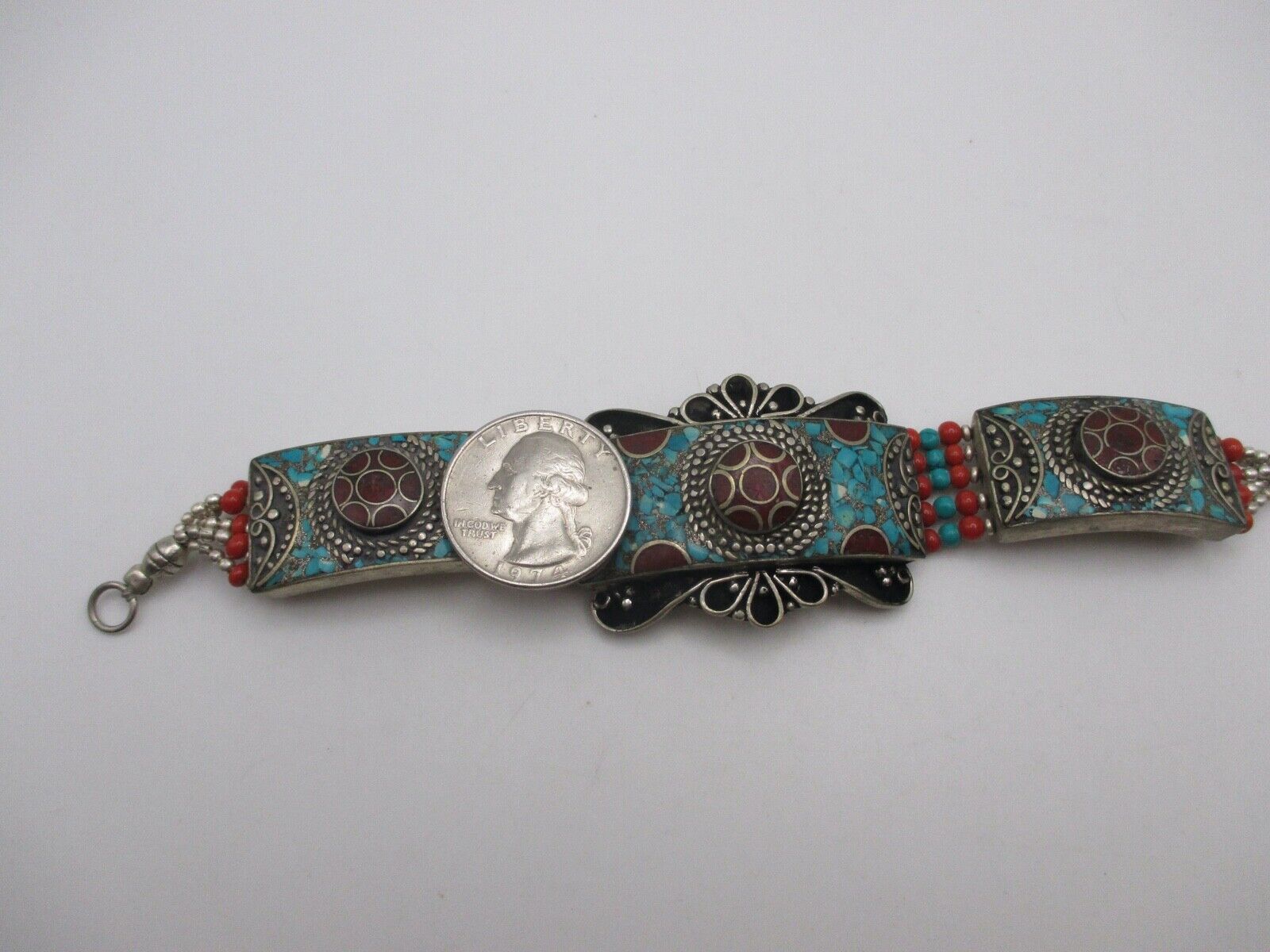 VINTAGE TIBETAN TURQUOISE & CORAL Mosaic Cuff Bra… - image 2