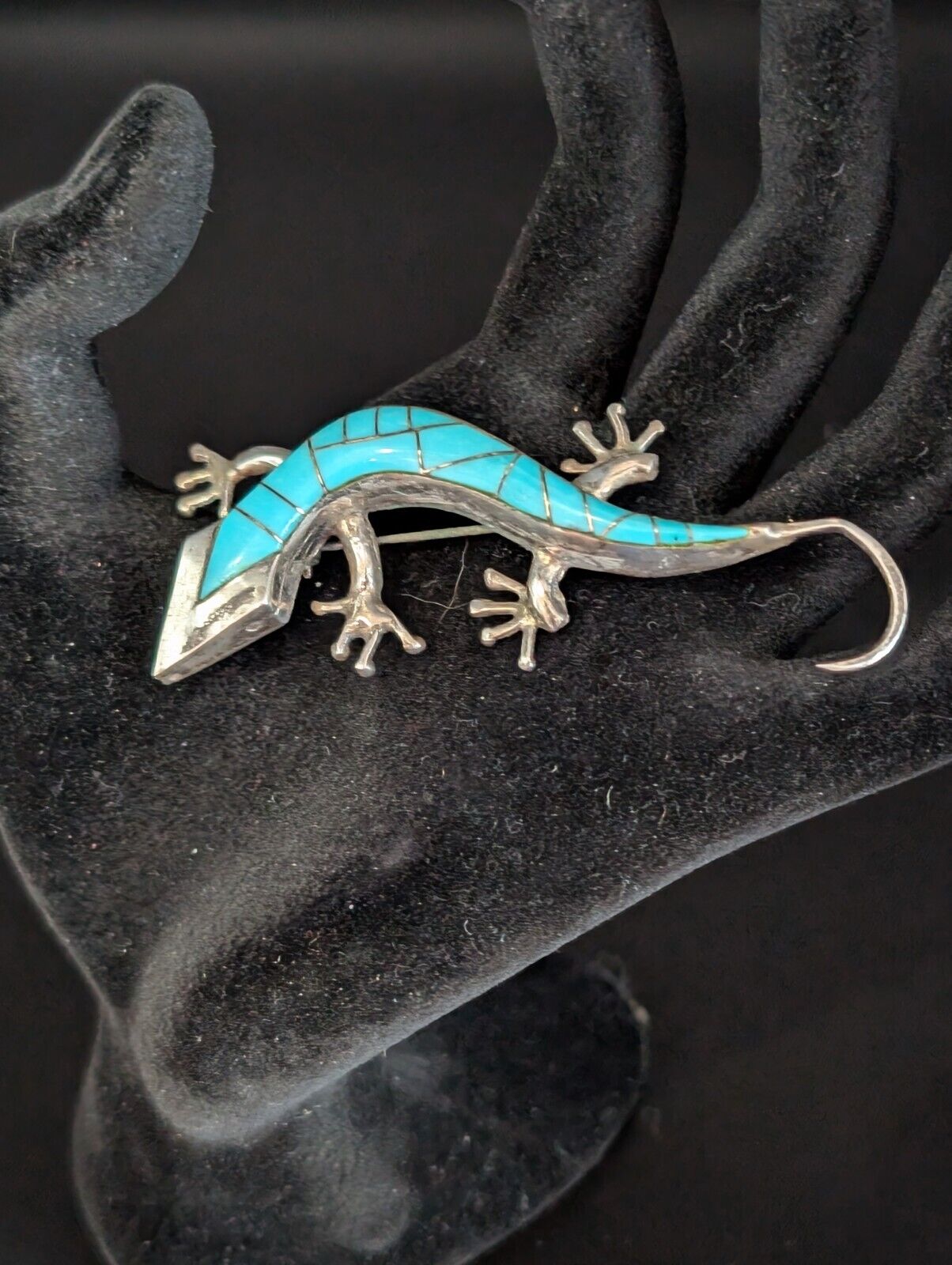 Silver colored and enameled turquoise brooch pin … - image 3