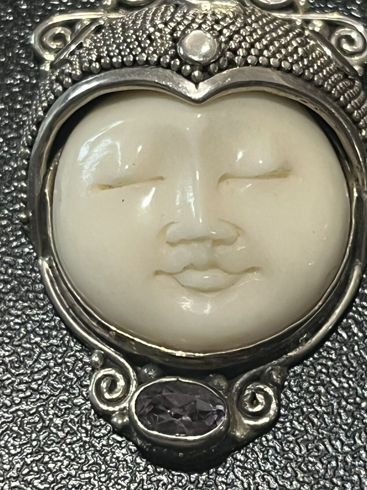 Vtg 925 Silver Amethyst And Carved Resin  Goddess… - image 2