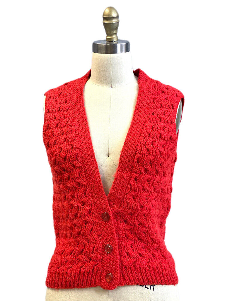 Vintage 60s-70s Sears Red Open Knit Sweater Vest … - image 1