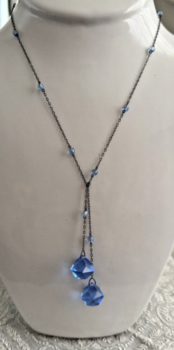 Antique Art Deco Long Blue Faceted Czech Crystal … - image 1