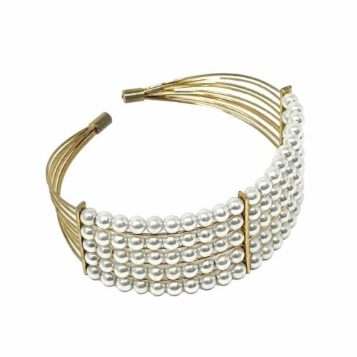 Vintage Gold Tone Beaded Faux Pearl Open Cuff Bra… - image 1